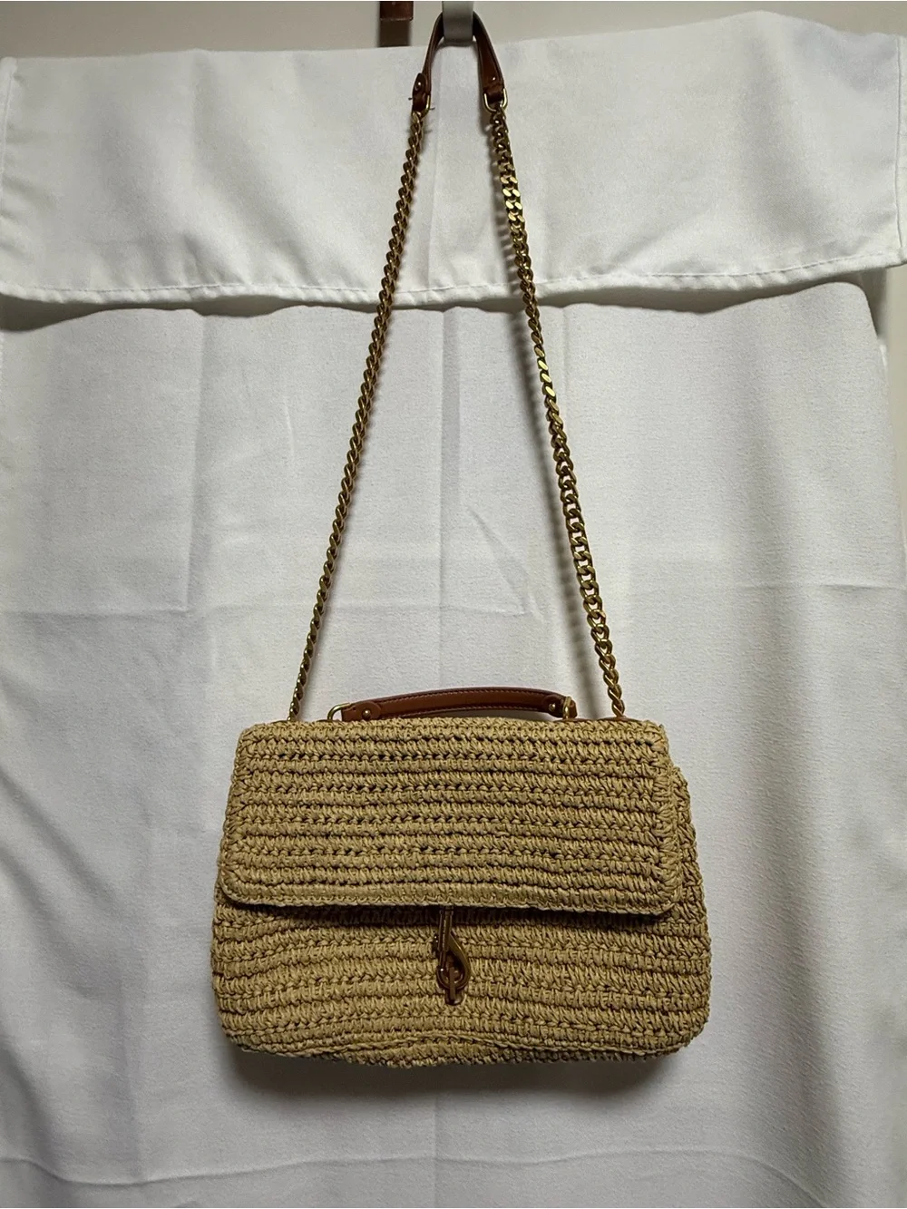Rebecca Minkoff Woven Straw Crossbody Bag in Tan with Gold Hardware